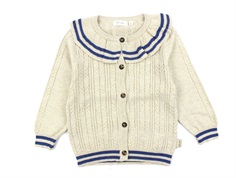 Petit Piao nature white/denim blue knit cable collar cardigan